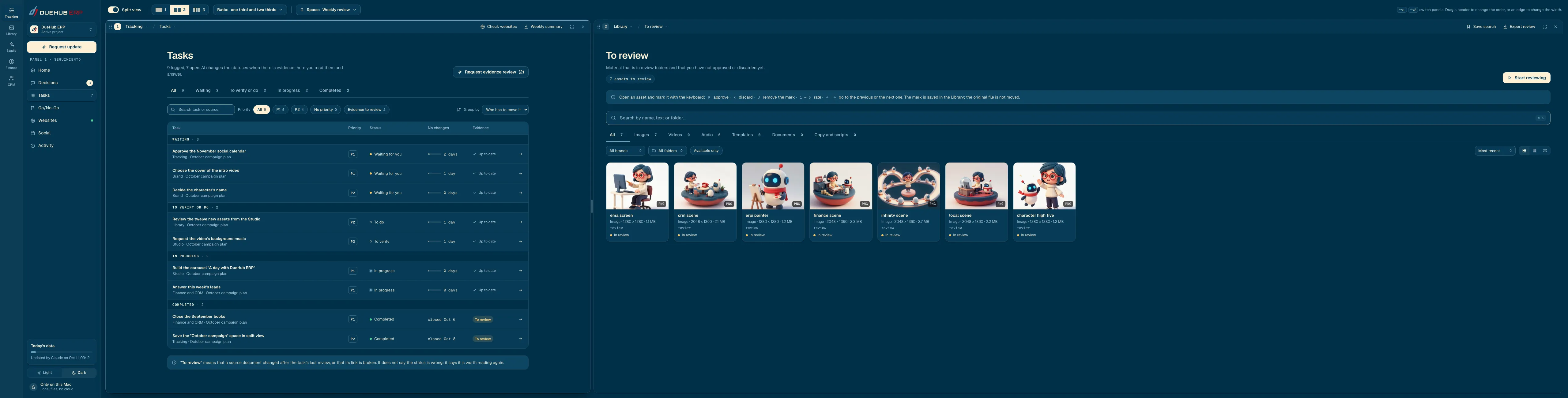 Split view with the tasks and the assets to review.