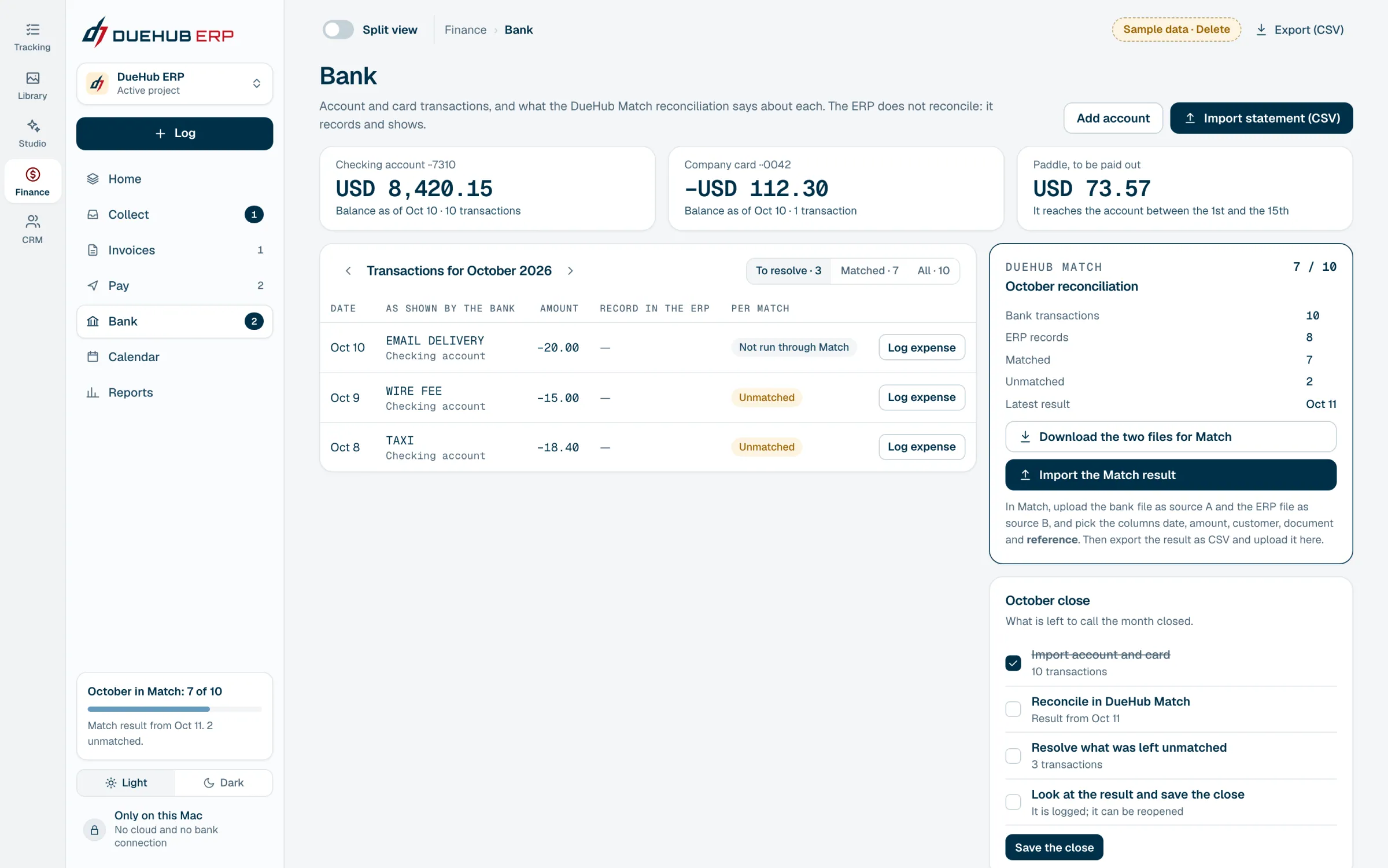 To reconcile the bank, the ERP downloads the two files and takes them to DueHub Match.