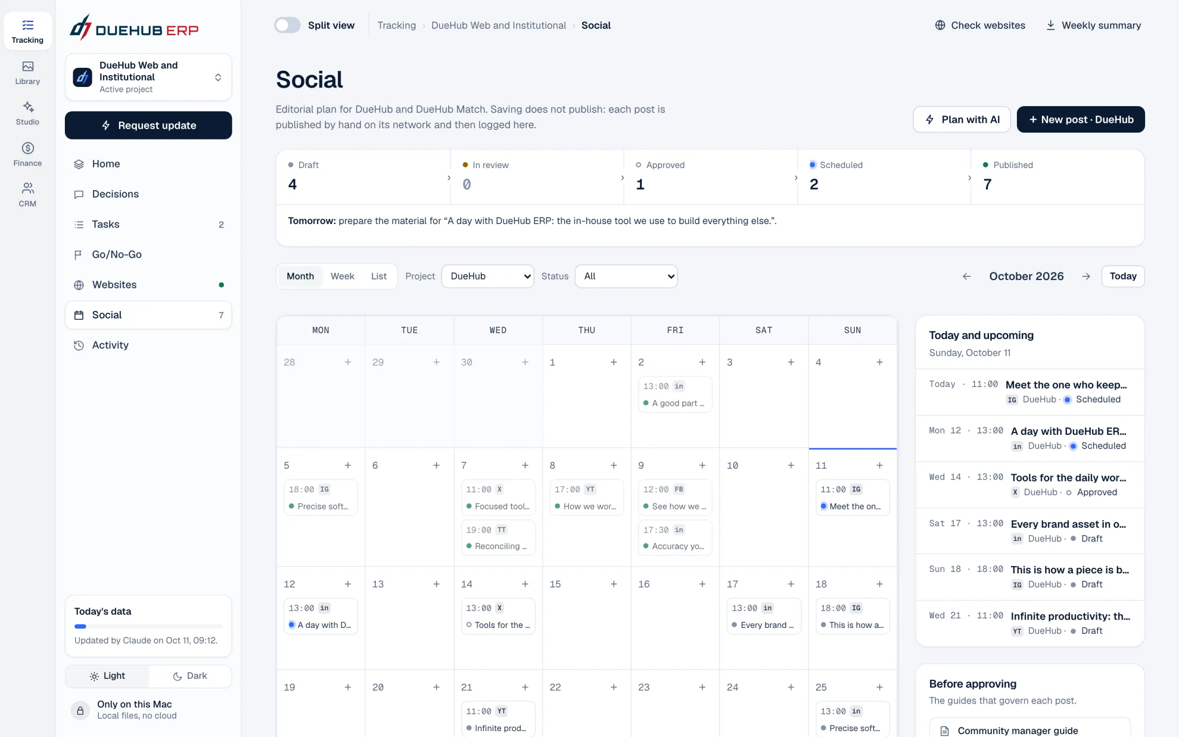 The whole month: drafts, in review, approved, scheduled and published.