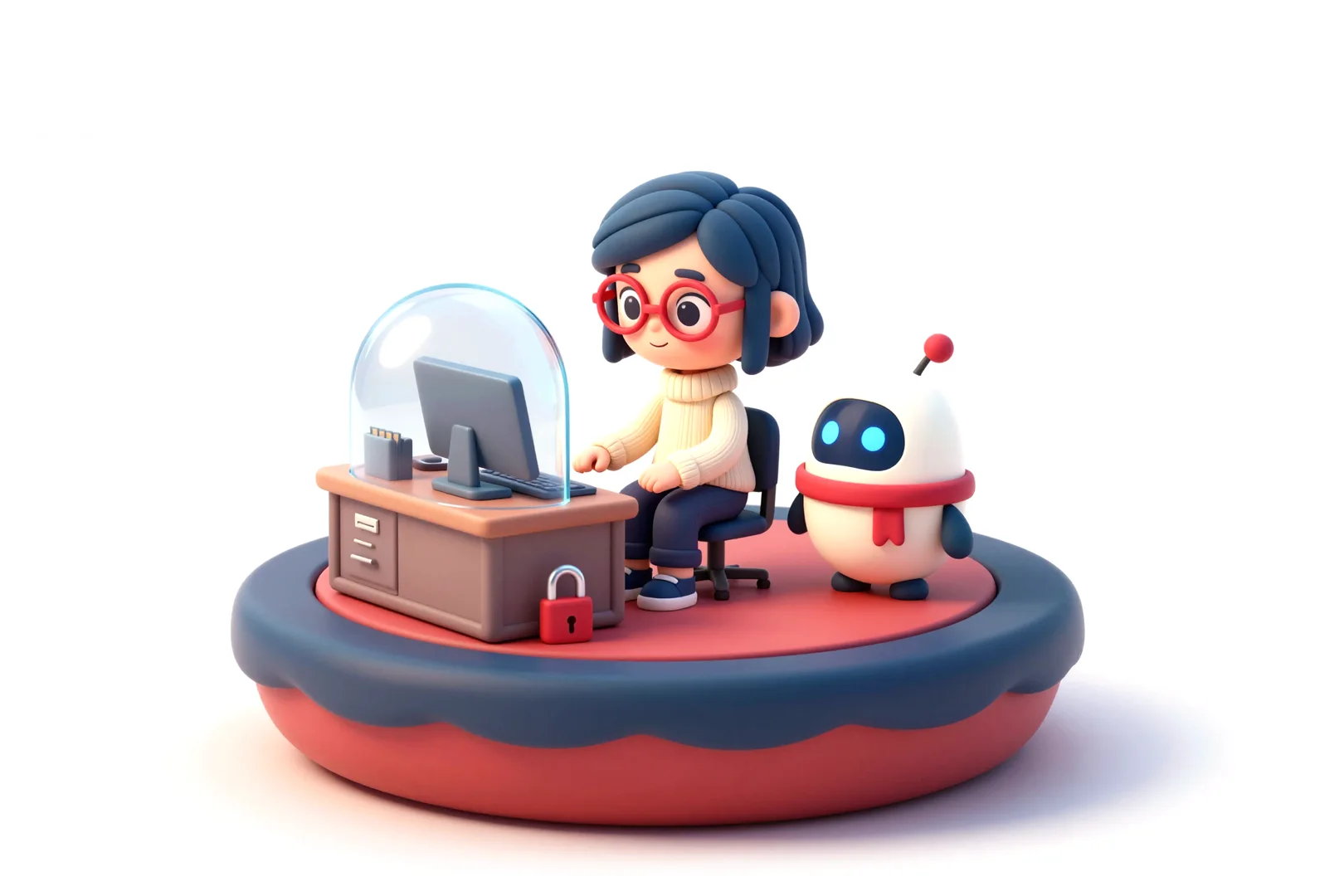 Ema works at her desk under a locked glass dome, while Erpi keeps the key.