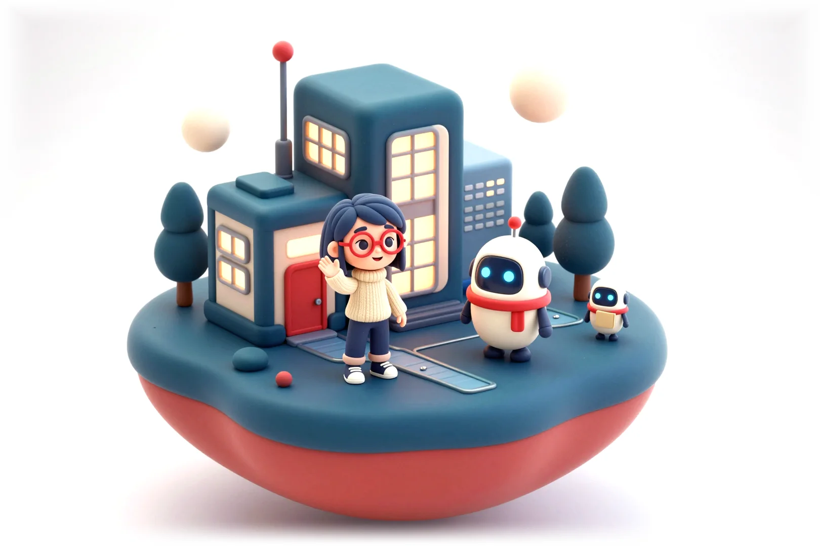 Ema and Erpi, the DueHub ERP characters, in front of their office on a miniature island.