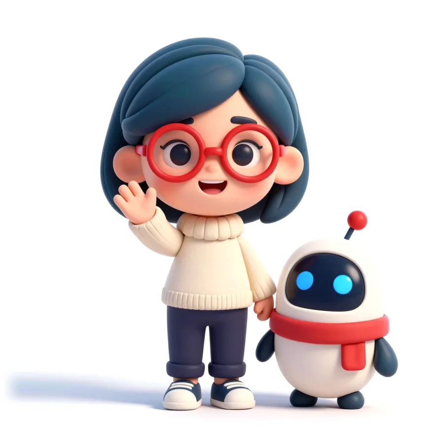 Ema waves next to Erpi, her robot helper.